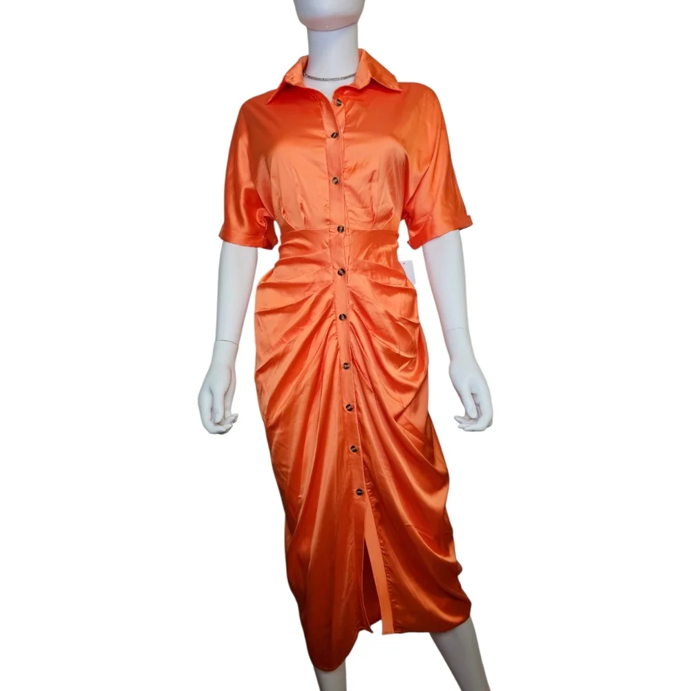 Amazon Satin Midi Dress in Bold Orange - Picture 3 of 4